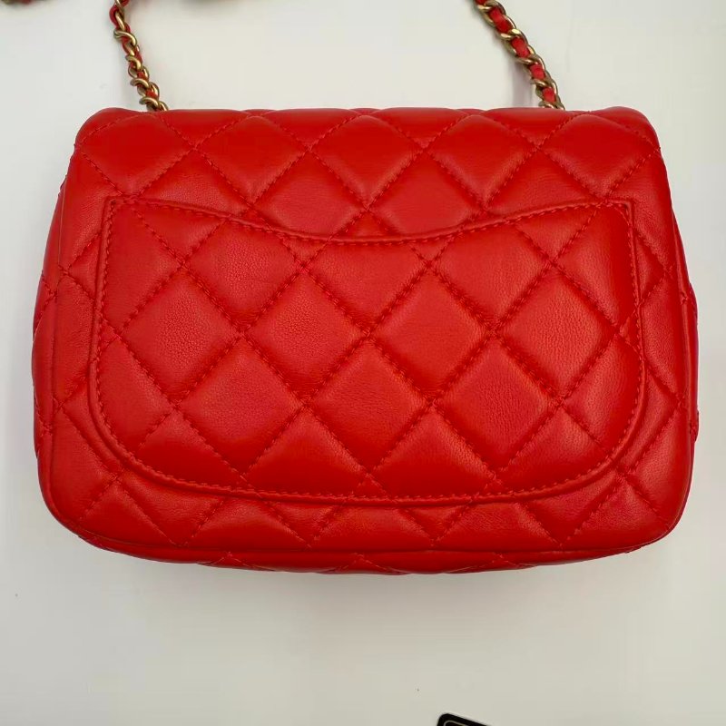CHANEL Mini Flap Bag 珊瑚紅羊皮金球方胖子-7