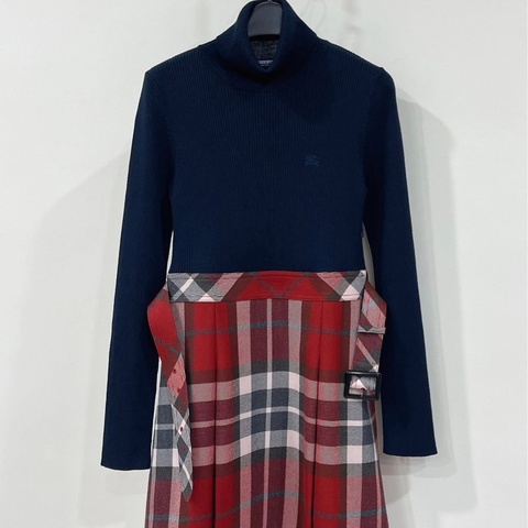 Burberry 藍標 高領戰馬針織拼接格紋毛料洋裝