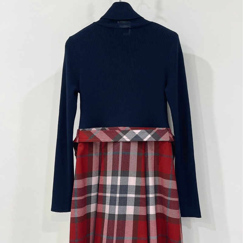Burberry 藍標 高領戰馬針織拼接格紋毛料洋裝-1