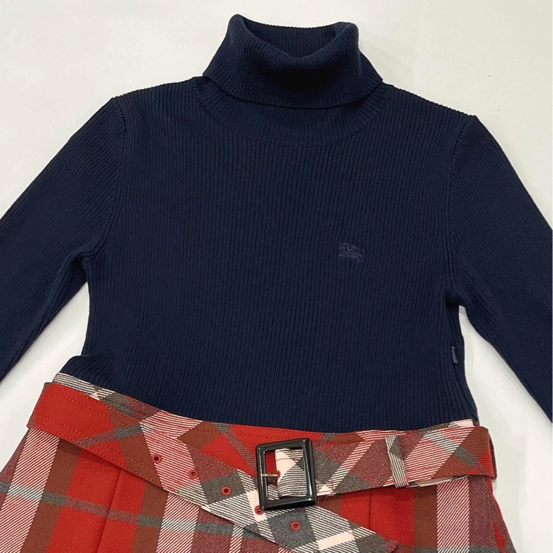 Burberry 藍標 高領戰馬針織拼接格紋毛料洋裝-4