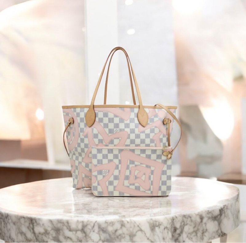 「JL精品代購」98新 LV 白棋盤格neverfull 購物袋-0