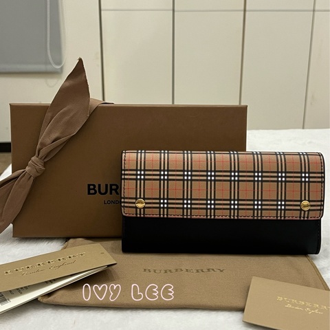 BURBERRY 經典格紋 拚接黑 造型 男女適用 長夾
