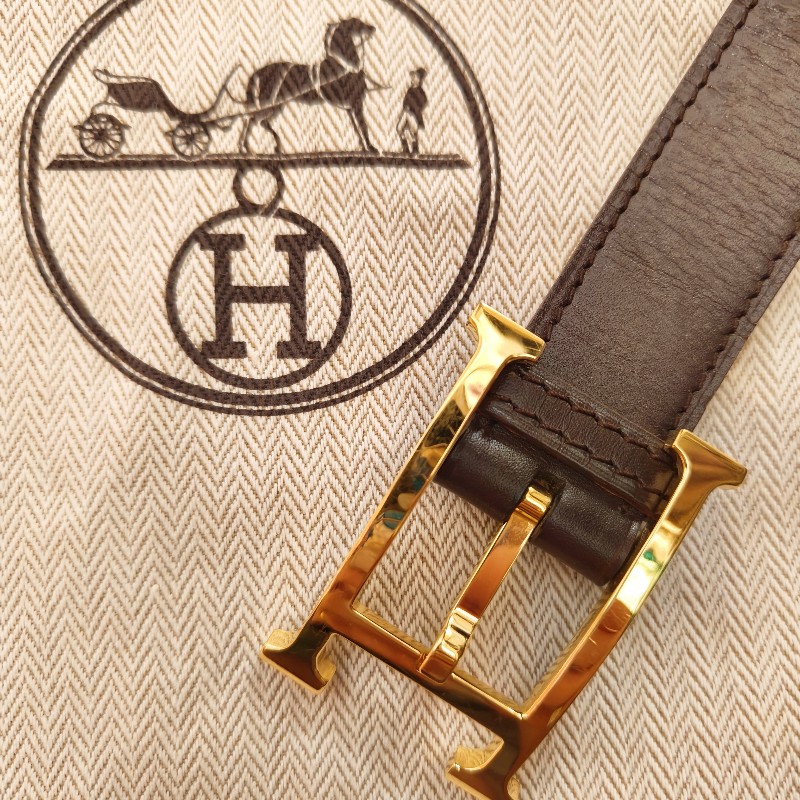 Herme's 經典H金屬帶扣咖色皮帶-5