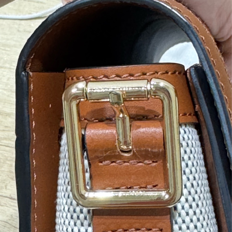 LONGCHAMP BOX-TROT小牛皮帆布拼接金屬LOGO翻蓋斜背包(中/白蘭地酒)-4