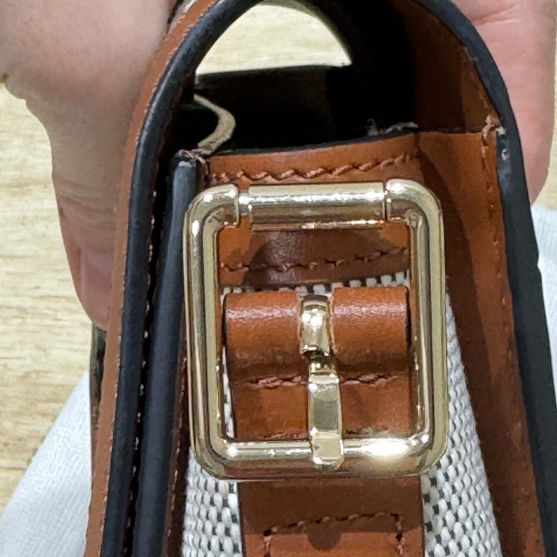LONGCHAMP BOX-TROT小牛皮帆布拼接金屬LOGO翻蓋斜背包(中/白蘭地酒)-5