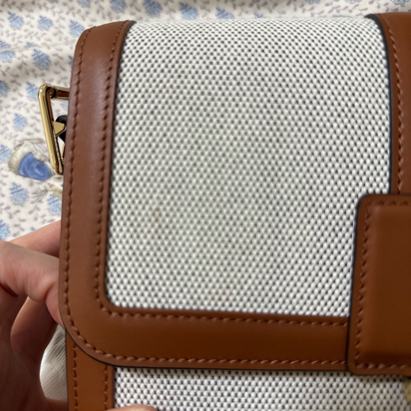 LONGCHAMP BOX-TROT小牛皮帆布拼接金屬LOGO翻蓋斜背包(中/白蘭地酒)-18