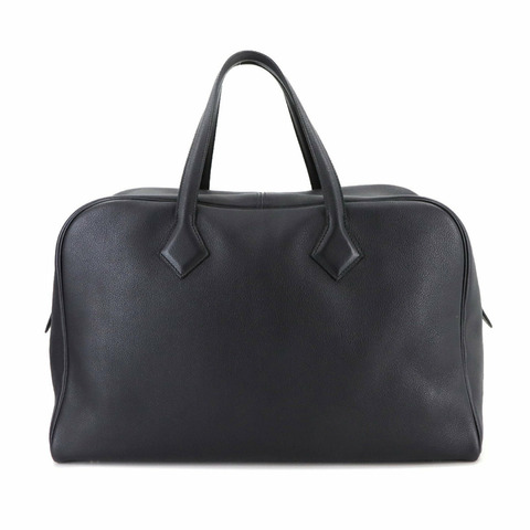 Hermes Hermès Victoria 43 手提包，採用 Evercolor Bleu Nuit 材質，配有銀色五金配件和印章。