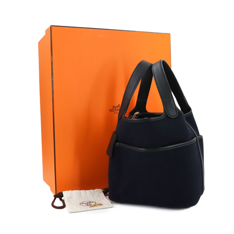 Hermes Hermès Picotin Lock 18 PM Cargo Pocket, Toile Goélan, Swift, Blue Marine, Black, B Stamp, Gold Hardware-1