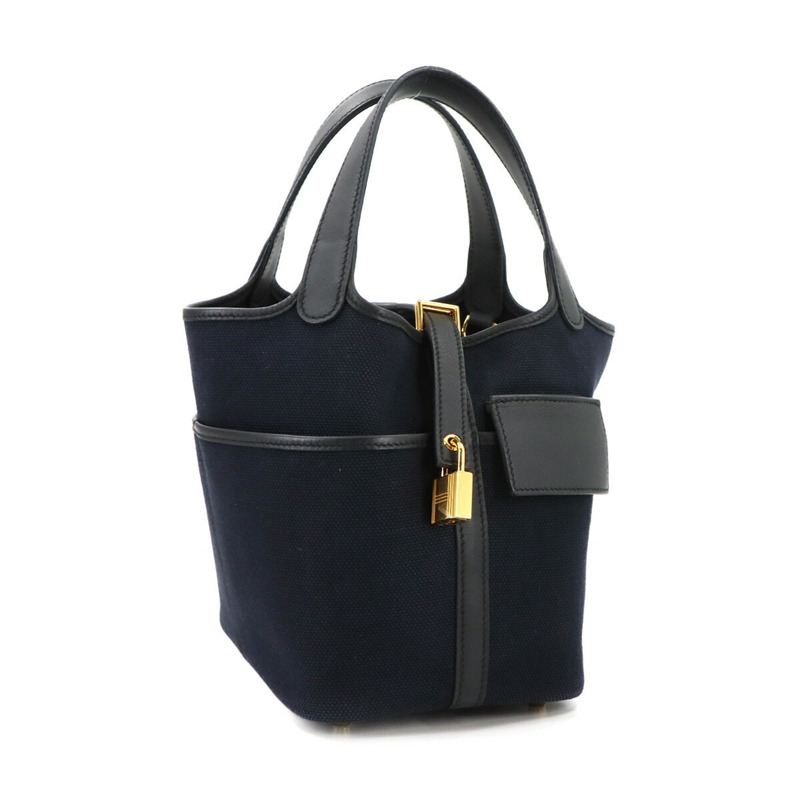 Hermes Hermès Picotin Lock 18 PM Cargo Pocket, Toile Goélan, Swift, Blue Marine, Black, B Stamp, Gold Hardware-3
