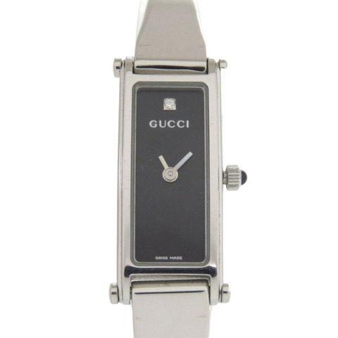 Gucci 1500L 不鏽鋼手錶，單顆鑽石，黑色錶盤，銀色石英機芯，1059