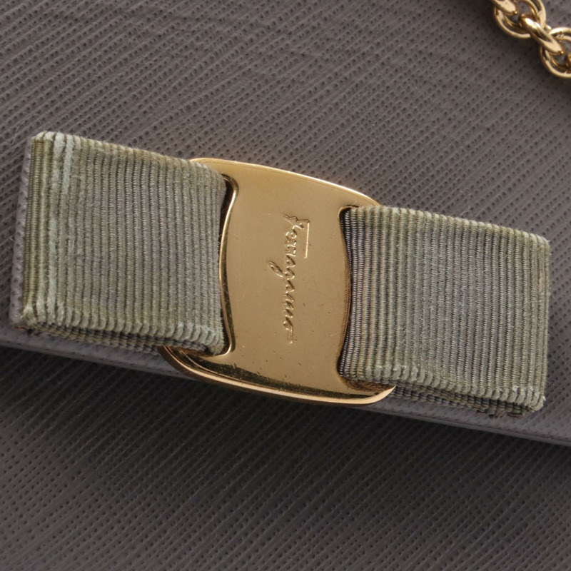 Salvatore Ferragamo Vara Ribbon 斜背包 鏈條單肩包 皮革 灰色 二手-8