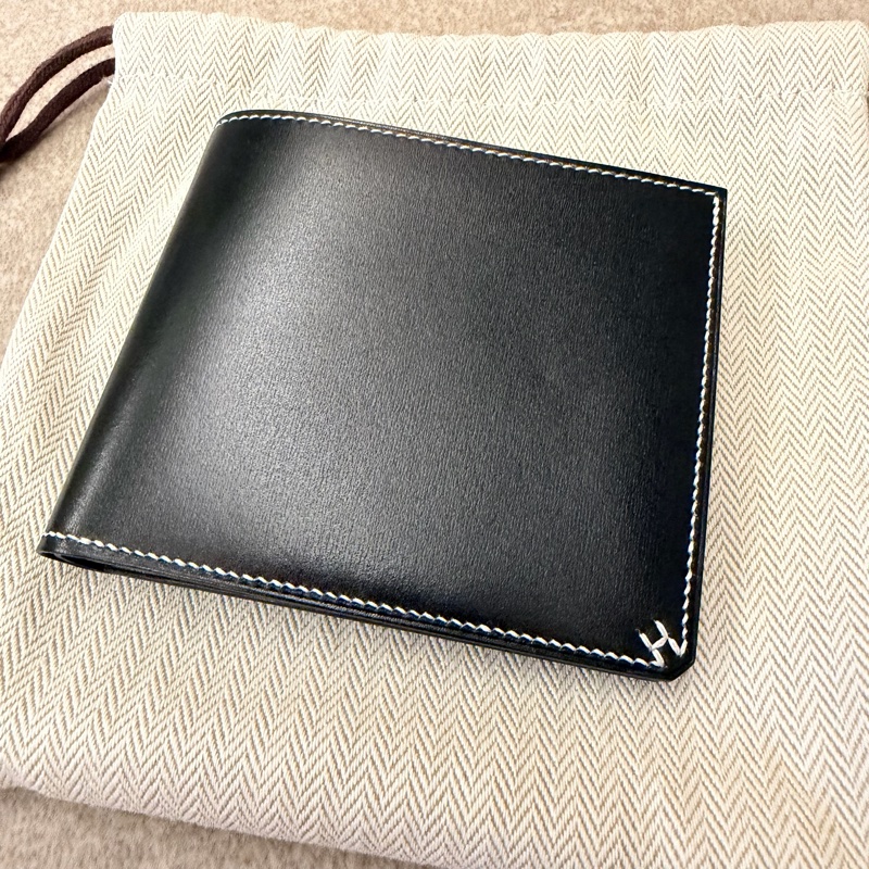 Hermes Box皮 黑色縫白線短夾-0