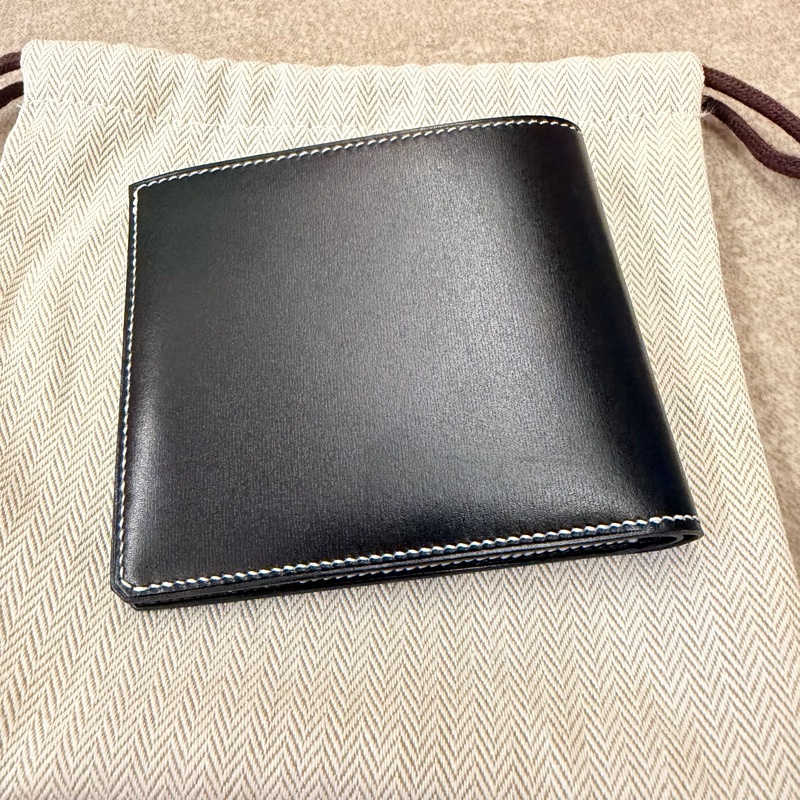 Hermes Box皮 黑色縫白線短夾-1