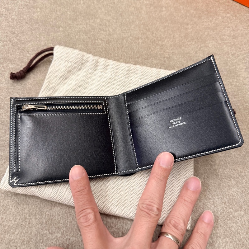 Hermes Box皮 黑色縫白線短夾-2