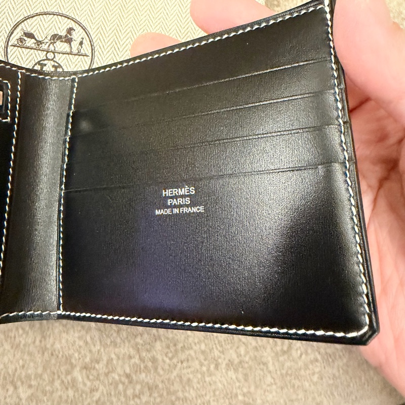 Hermes Box皮 黑色縫白線短夾-4