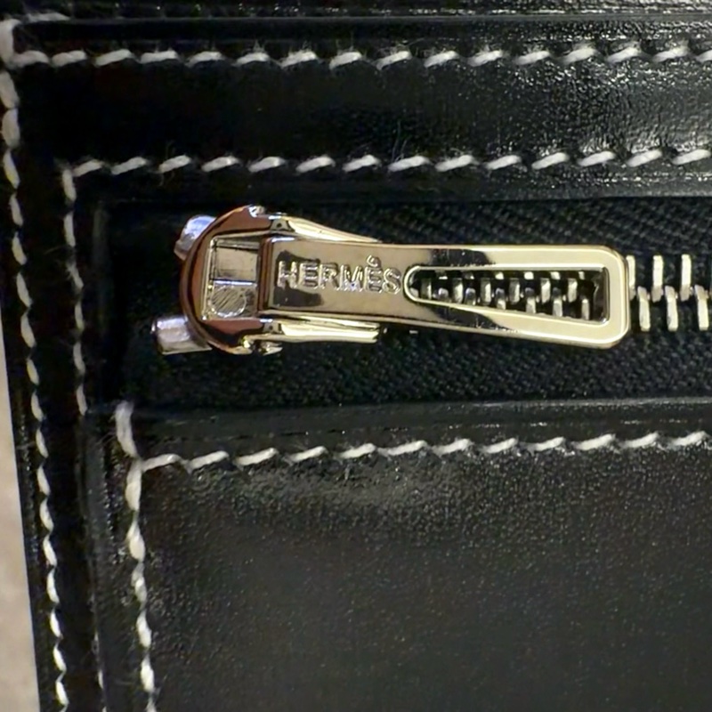 Hermes Box皮 黑色縫白線短夾-6