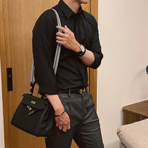 Hermes 長編織肩帶 黑白配色 金釦