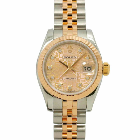 勞力士 Datejust 雙色手錶 179171G，V 編號，輪盤，女士手錶，10 顆鑽石，粉紅色，電腦化，18K 白金，自動