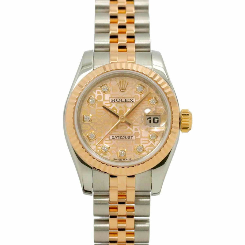 勞力士 Datejust 雙色手錶 179171G,V 編號,輪盤,女士手錶,10 顆鑽石,粉紅色,電腦化,18K 白金,自動-0