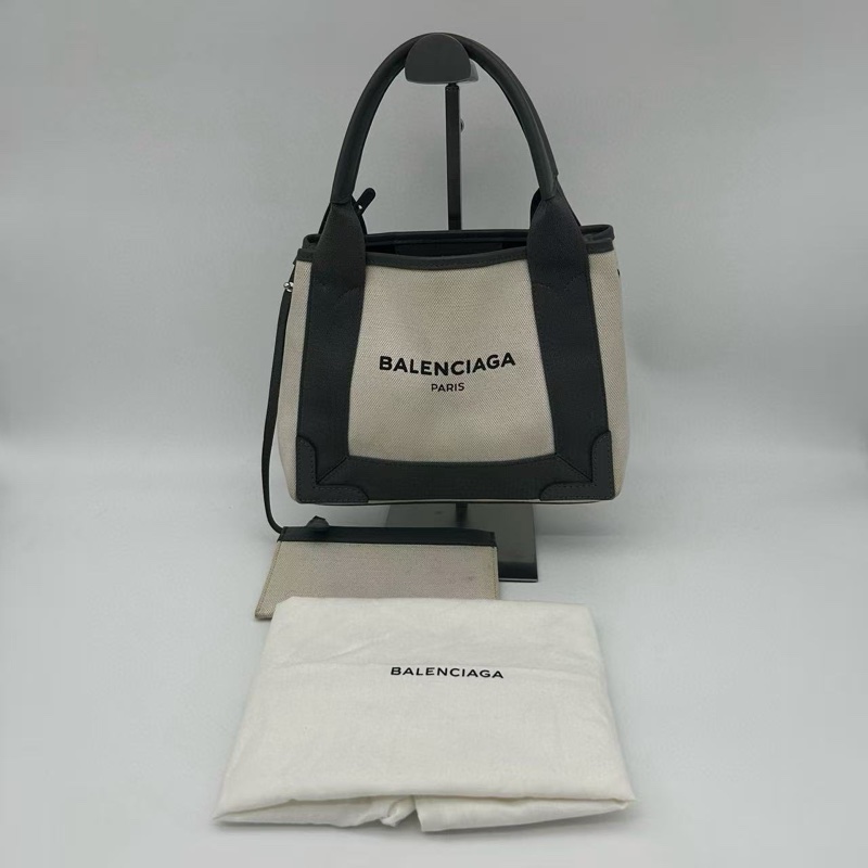 「JL精品代購」 Balenciaga巴黎世家帆布灰拼白cabas小號手提托特包-0