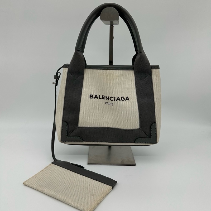 「JL精品代購」 Balenciaga巴黎世家帆布灰拼白cabas小號手提托特包-2