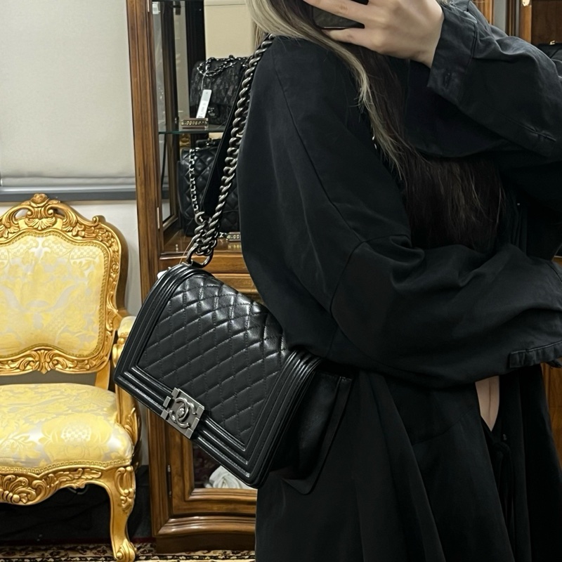 「JL精品代購」香奈兒黑銀牛皮Leboy25 做舊五金-2
