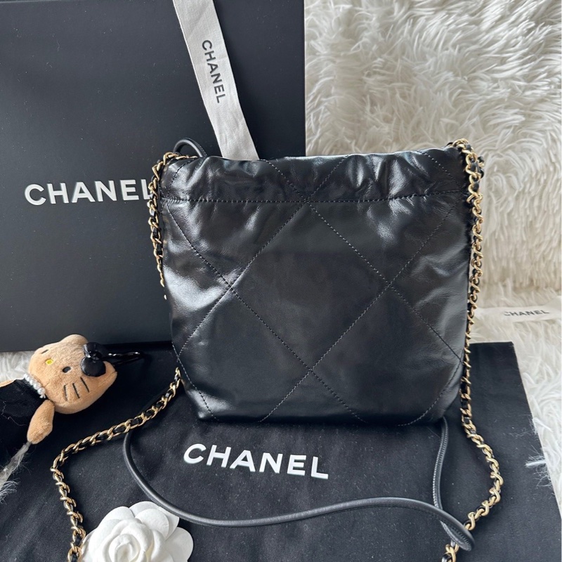 【配件:包裝盒、防塵袋、說明書 💕】Chanel 23b 22bag mini 黑金 黑色 金扣 牛皮 手提 斜挎 單肩-2