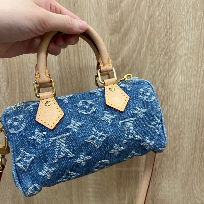 LV 丹寧布金釦Nano Speedy手提斜背包M82950-7