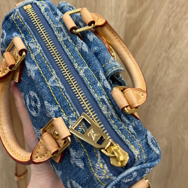 LV 丹寧布金釦Nano Speedy手提斜背包M82950-14