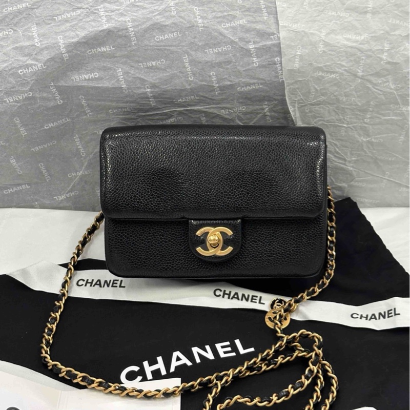 【配件 帶票大全套 💕】Chanel 24k cf 方胖子 荔枝牛皮 口蓋包 琺瑯小吊牌-0