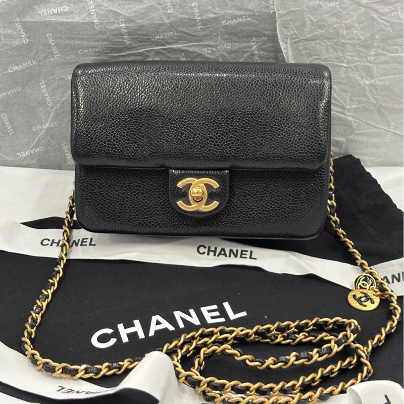 【配件 帶票大全套 💕】Chanel 24k cf 方胖子 荔枝牛皮 口蓋包 琺瑯小吊牌-1
