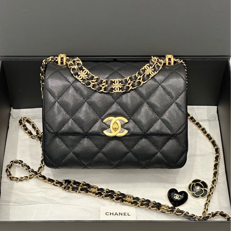 【配件：盒子 防塵袋 💕】Chanel 22k 魚子醬 荔枝牛皮 方胖子 雙鏈條 可以腋下背可以斜挎-0