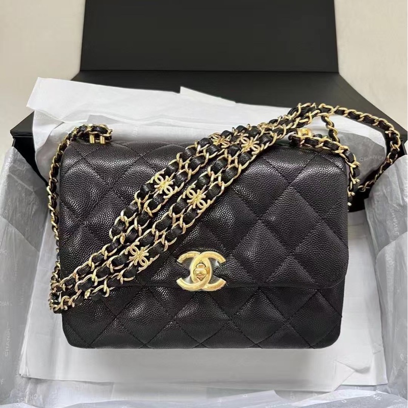 【配件：盒子 防塵袋 💕】Chanel 22k 魚子醬 荔枝牛皮 方胖子 雙鏈條 可以腋下背可以斜挎-1