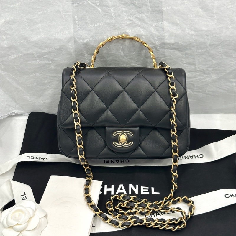 【配件 帶票大全套 💕】 Chanel 25c 琺瑯手柄 方胖子20cm cf 羊皮 黑金-0