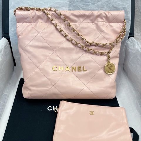 【配件：小票 防塵袋 💕】Chanel 23k 22bag 小號 櫻花粉 金鍊