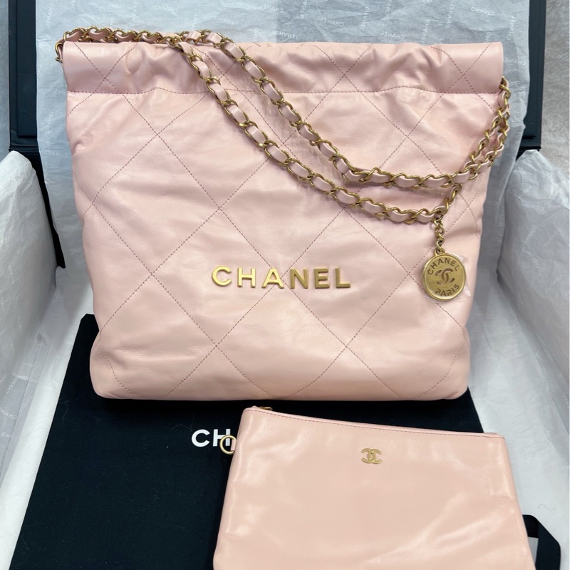 【配件:小票 防塵袋 💕】Chanel 23k 22bag 小號 櫻花粉 金鍊-0