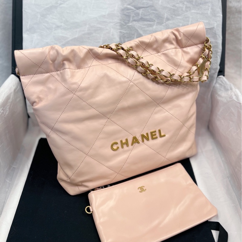【配件:小票 防塵袋 💕】Chanel 23k 22bag 小號 櫻花粉 金鍊-4