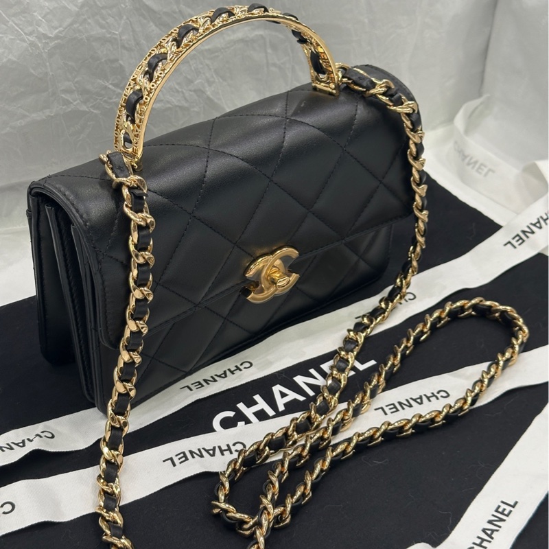 【配件 帶票大全套 💕】Chanel 24p 皮串鏈 鏤空 手柄 Cf mini handle 黑色 小牛皮-5