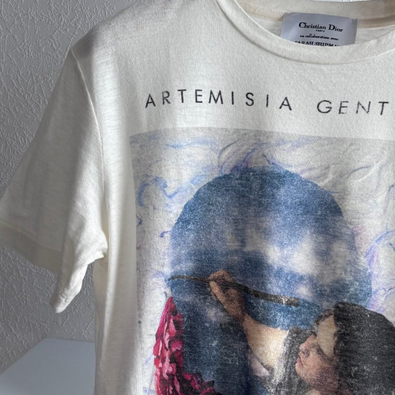 ::DIOR:: 聯名Sarah Shipman Graphic Print T-Shirt 玫瑰油畫圖樣白色上衣-4