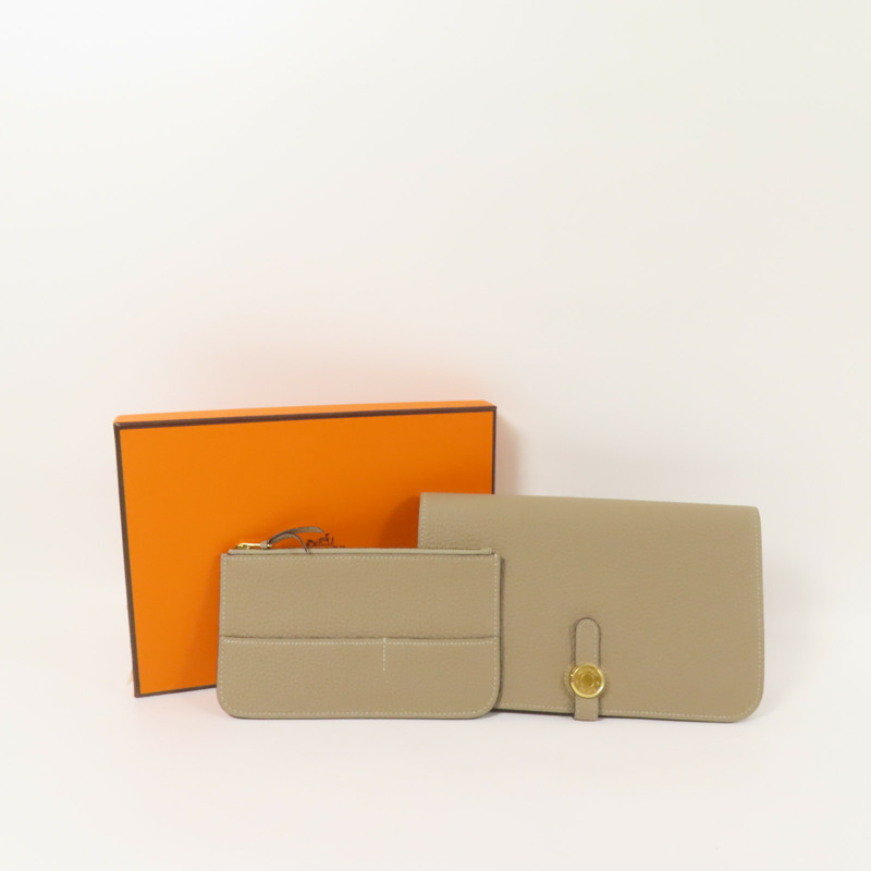 HERMES Clemence皮革Dogon GM金扣長錢包Gris Tourterelle-12