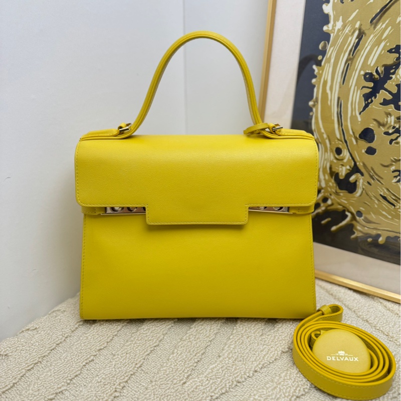 【配件：肩帶 鏡子🩷】DELVAUX Tempete中號牛皮檸檬黃手提單肩包-0