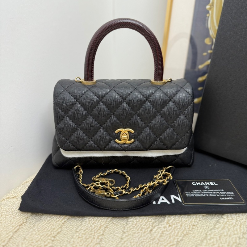 【全套❤️】Chanel coco handle 小號黑色金扣 紅色蜥蜴紋手柄 單肩斜挎包手袋-0