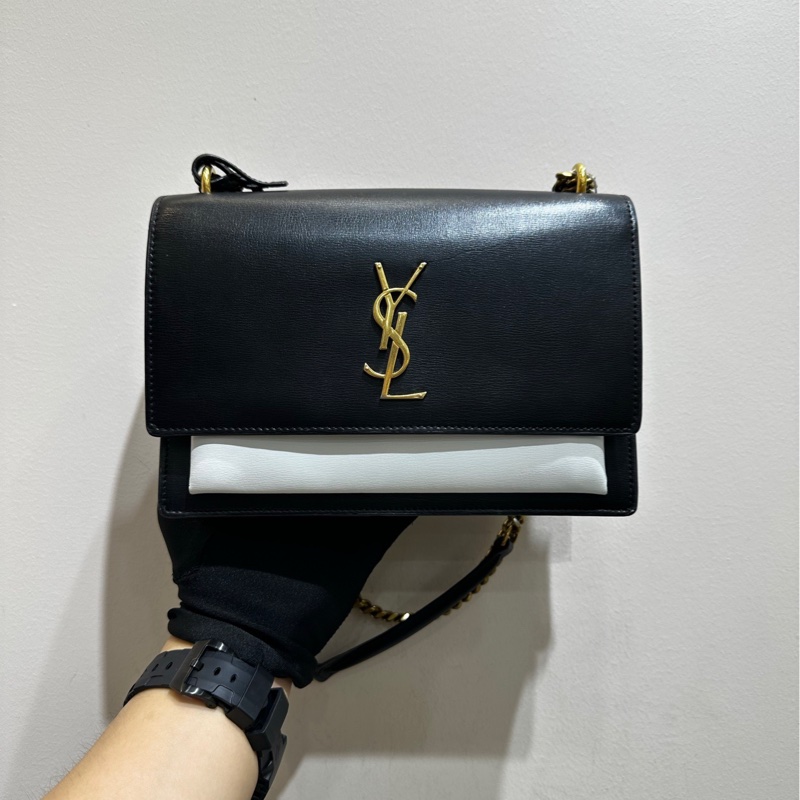 【近新閒置❤️】 YSL金標Logo Sunset日落包 黑白熊貓拼色 鏈條包手提單肩包 小號-0