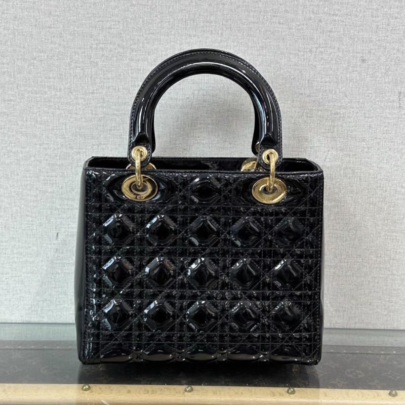 DIOR 黑金漆皮黛妃五格手提斜背包24*21*12 98新配件塵袋-3