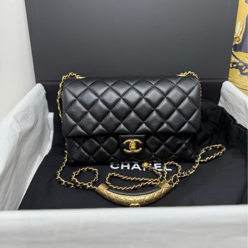 【閒置❤️全套 】Chanel 24B黑金菱格紋金球鏈條cf 大mini雙鏈 可調節 手提單肩斜挎都可以-0