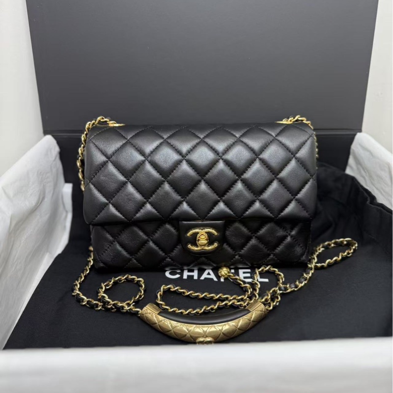 【閒置❤️全套 】Chanel 24B黑金菱格紋金球鏈條cf 大mini雙鏈 可調節 手提單肩斜挎都可以-1