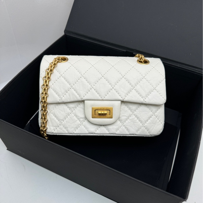 【全套🩷】Chanel 2.55 mini 白色金扣 菱格紋單肩包-0