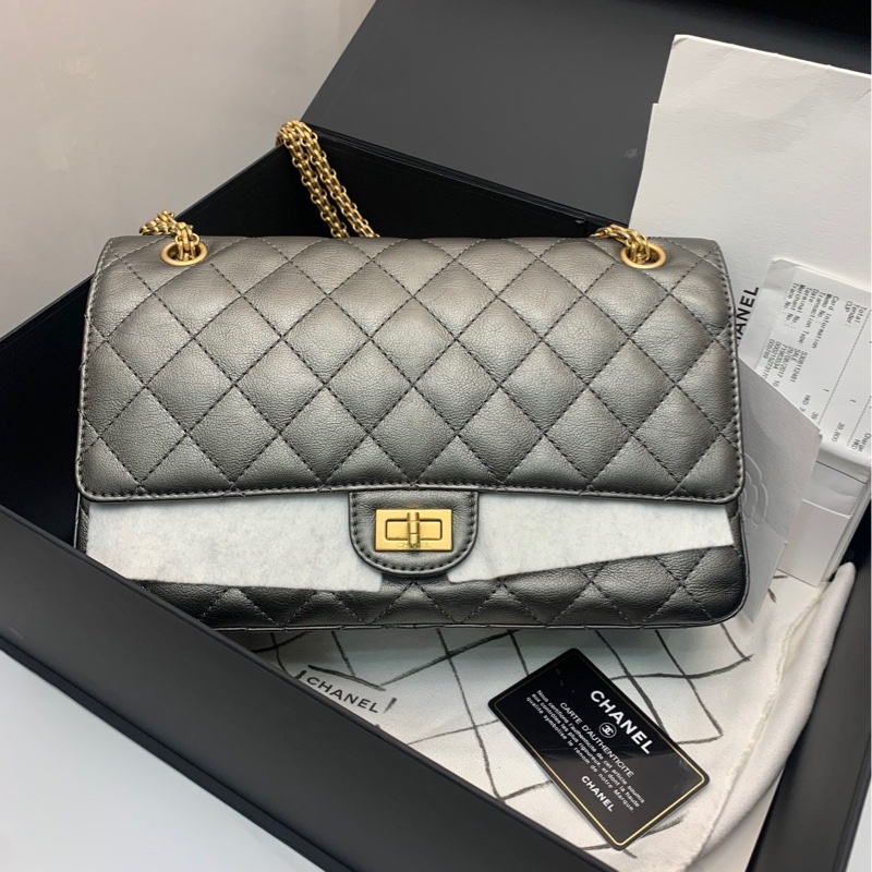 【全套有票❤️】Chanel 2.55銀灰色 中號 鏈條單肩斜挎包-0