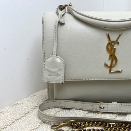 【配件:肩帶皮牌🩷】YSL 白色牛皮金扣鏈條日落包 手袋斜挎包-1