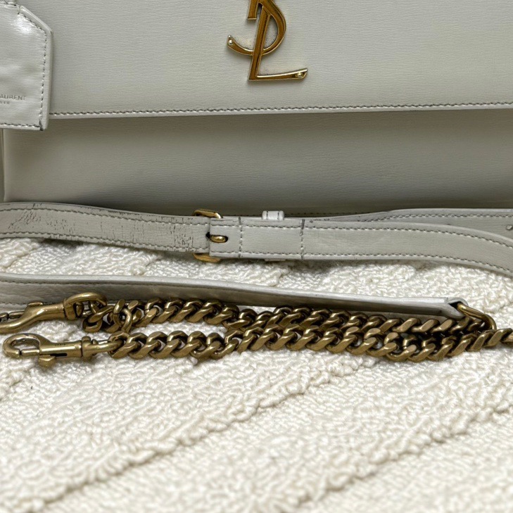 【配件:肩帶皮牌🩷】YSL 白色牛皮金扣鏈條日落包 手袋斜挎包-4